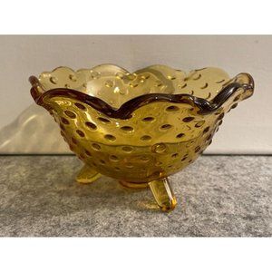 Vintage L E Smith Amber Glass Hob Nail Footed Small Bowl   #1445